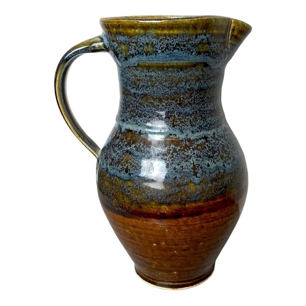 Hand Spun Stoneware Table Pitcher Artisan Glazed in Brown/Blue 10” X 7” X 4.5”